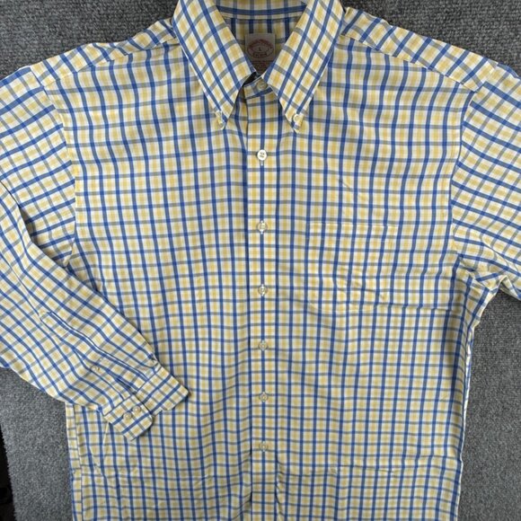 Brooks Brothers Non Iron Cotton Button Up Traditional Fit Large Yellow Blue - Picture 2 of 15